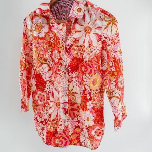 Robert Graham bold  print blouse with Pink, red & green flowers embroidery | S - Picture 2 of 8